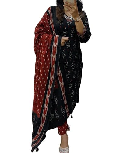PATALIYA Cotton Straight Indian Kurti For Women Summer Dress Kurta Pant With Dupatta Set (US, Alpha, Large, Regular, Regular, Black)