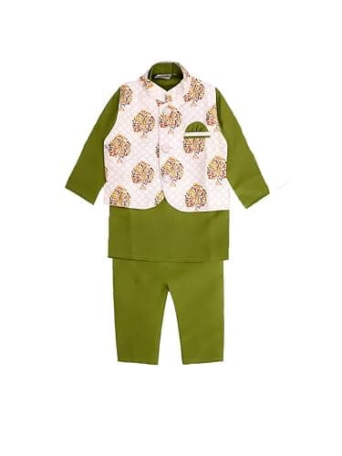 Superminis Cotton Boys Solid Color Kurta Set With Printed Fancy White Base Jacket (Green, 12-18 Months)