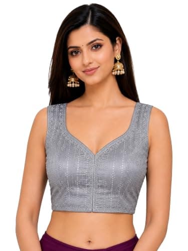 TRENDMALLS Women's Dhupion Silk Embroidery Sequence Work Blouse Choli Stylish Saree Blouse Ready to Wear (B12-Silver-Free)