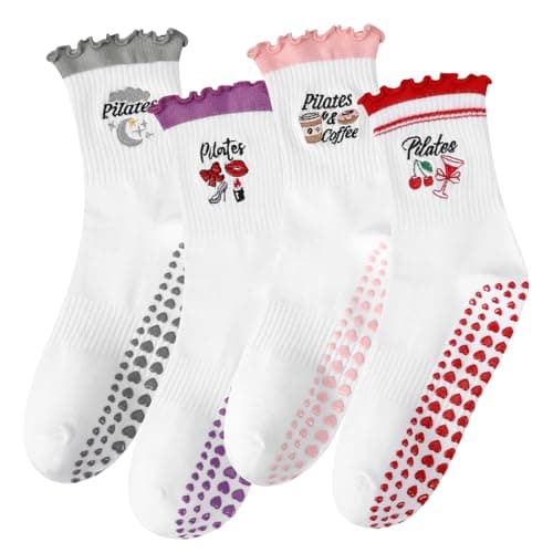 Jspupifip 4 Pairs Cute Pilates Socks for Women, Red, Pink, Gray, Purple