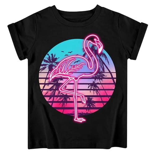 Funnycokid Little Girls Shirt Size 6 7 Kids Pink Tees Flamingo Purple Animal Children Cute T-Shirt Graphic Short Sleeve Clothes Tops