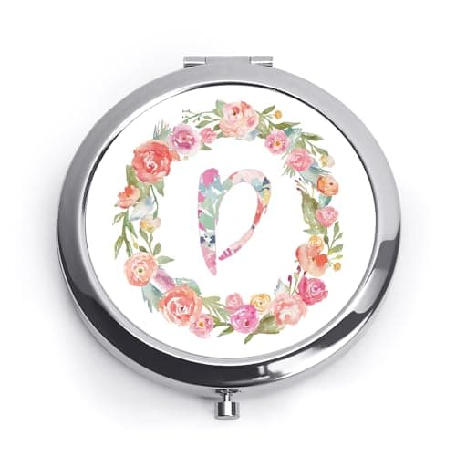 QUSTGO Personalized Gift for Women Girls Her, Custom Gifts for Adult Teen, Floral Monogram Alphabet Initial Compact Mirror for Birthday, Graduation, Mothers Day, Basket Stuffers