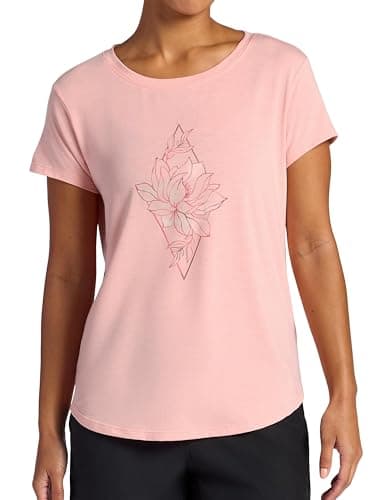 Gaiam Women’s Mindful Flower Diamond Crewneck T-Shirt, Relaxed Fit, Stretch Lightweight Material, Curved Hem, Candlelight Peach, X-Large