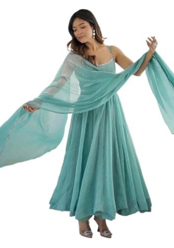 Indya Aqua Blue Solid Silk Blended Anarkali With Dupatta for Festive | Spaghetti Strap | Scoop Neck | Indian Ethnic Wear