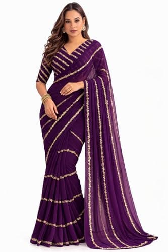 Svayi Women’s Georgette Floral - stripes design sequin Embroidery work Saree for Wedding Festive Party Style Sari with Blouse Piece (SR1288-Purple)