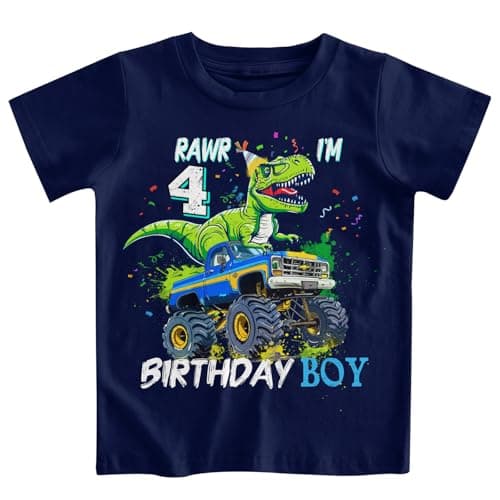 Lovekider 4th Birthday Shirt Boy Dinosaur Truck Birthday Party Tshirt 4t Racing T-rex T-Shirts Short Sleeve Cotton Tee for Kids Girls Size 4