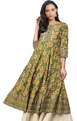 Yash Gallery Women's Floral Printed Yoke Design Pure Cotton 3/4 Sleeve Indian Anarkali Kurta Green