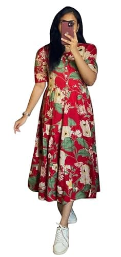 TRAFAART Indian Cotton Kurti for Women A-Line Printed Flared Kurta Pleated Summer Dress - Medium-Red