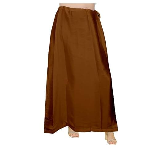 EDZZEL Women's Satin Silk Full Petticoat Saree Underskirt Inskirt Adjustable Drawstring Waist Solid Color (Brown)