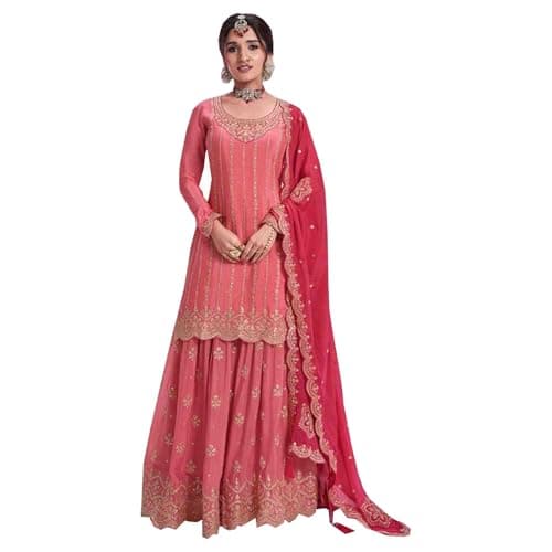 stylishfashion Ready to Wear Shalwar Kameez Sharara Suits Indian Pakistani Wedding Wear Dresses (US, Numeric, 38, Regular, Regular, Peach)
