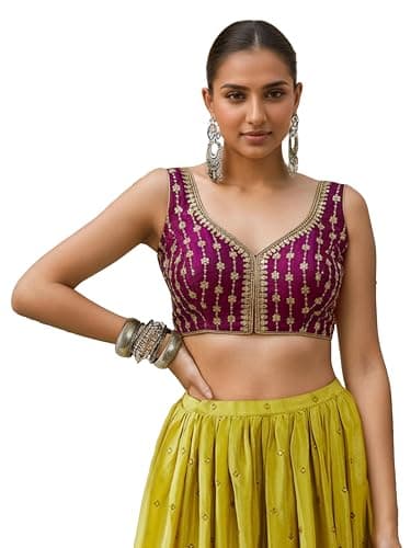 TRENDMALLS Women's Dhupion Silk Embroidery Sequence Work Blouse Choli Stylish Saree Blouse Ready to Wear (B12-Wine-Free)