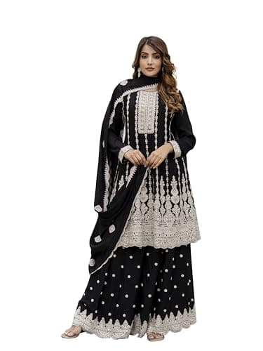 TRENDMALLS Women's Art Silk Embroidery A line Kurta Sharara with Dupatta Set (G259-Black-L)