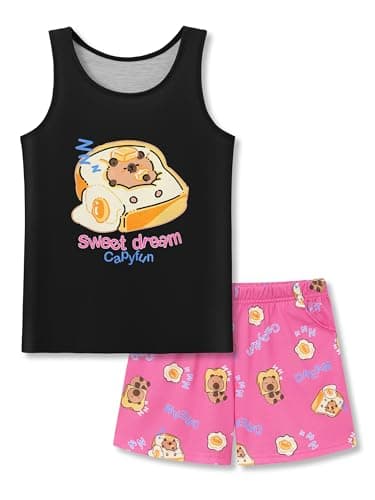 Tebbis Girls 2-Piece Tank Top & Shorts Pajama Set – Capybara & Toast Print Soft Sleepwear PJ Jammies Size 10