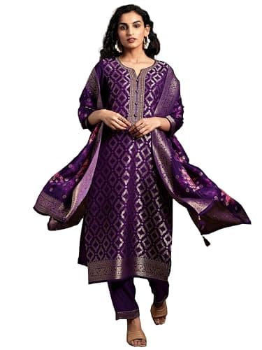 TRENDMALLS Women's Jaquard Silk Embroidery Stone Work Kurta Pant with Dupatta (G290-Purple-XXL)