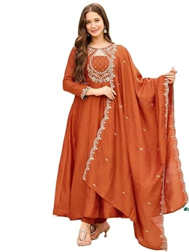 MOXTE Women's Vichitra Silk Embroidery Salwar Suit Set Kurta Pant with Dupatta (US, Alpha, XX-Large, Regular, Regular, Orange)