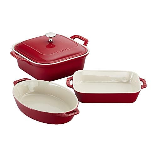 Staub Ceramic 4-pc Baking Pans... with Lid, Brownie Pan, Cherry