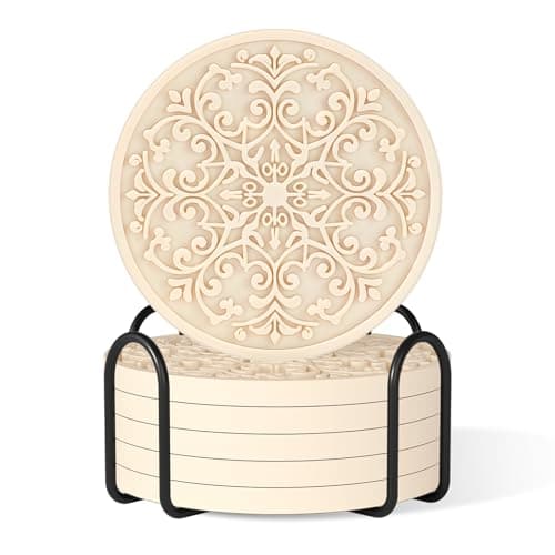 Drink Coasters, Coasters Set of 6 for Cup with Holder, Non-Slip Silicone Cup Mats for Hot and Cold Drinks, Cute Absorbent Coffee Bar Accessories Table Decor, Apricot