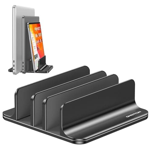 OMOTON Vertical Laptop Stand [Updated 3-Slots Version], Desktop Aluminum Mac Book Stand with Adjustable Dock Size, Fits All Mac Book, Surface, Chrome Book and Gaming Laptops (Up to 17.3 inch), Black