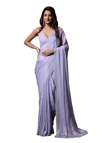 TRENDMALLS Women's Chiffon Satin Siroski work Saree with Unstitch Blouse Piece (K1118-Purple-)
