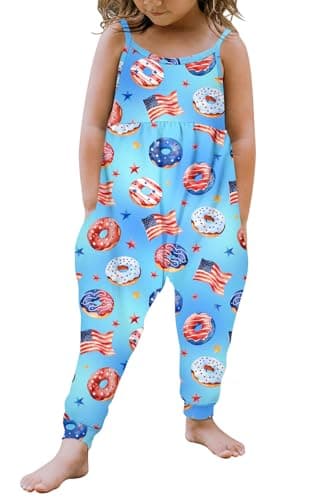 Yousie Girls Jumpsuit Romper Toddler Memorial 4Th of July American Flag Outfit Blue Donut Summer Clothes Harem Pants with Pockets Size 5 6