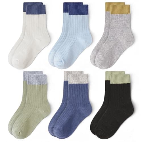 Bearbay 6 Pairs Kids Cotton Crew Socks for Uniform School Athletic Daily Dress Unisex Youth Boys Girls Blue
