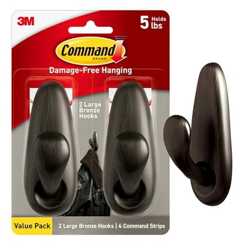 $9.47 | Command 5 lb Large Oil Rubbed Bronze Metal Hooks, 2 Coat Hooks and 4 Strips at Amazon