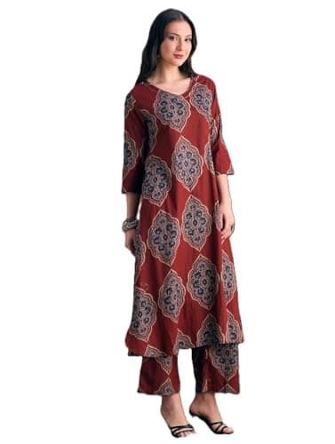 Women’s Printed Kurta Set with Palazzo Pants | Ethnic Indian Outfit | 3/4 Sleeve Casual & Festive Wear (US, Alpha, Small, Regular, Regular, Maroon)