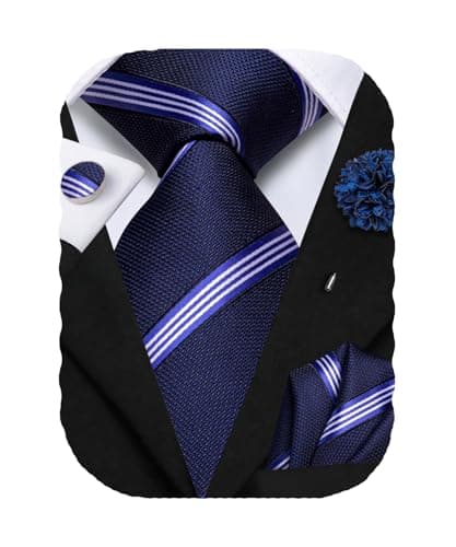 Hi-Tie Navy Blue Ties for Men Silk Mens Ties Set Striped Formal Necktie and Pocket Sqaure Cufflinks for Business Party