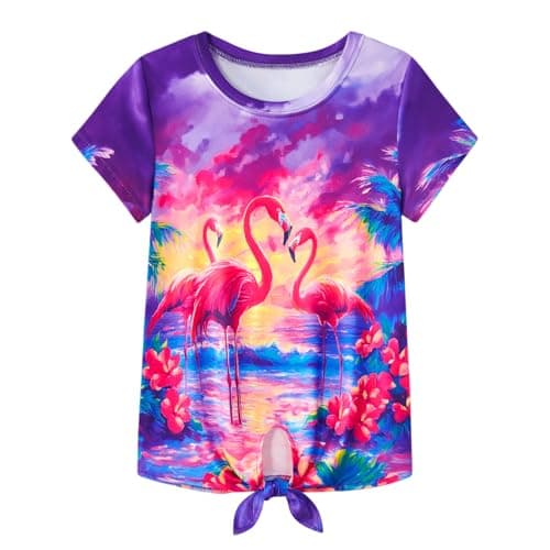 Funnycokid Girls Shirts Kids Short Sleeve Tee Shirt Tie Front Tops 8-9 Years Flamingo Purple