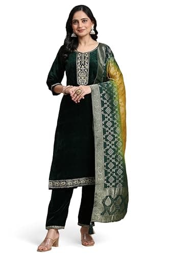 TRENDMALLS Women's Velvet Embroidery Salwar Suit Set Kurta Pant with Dupatta (G234-Green-M)