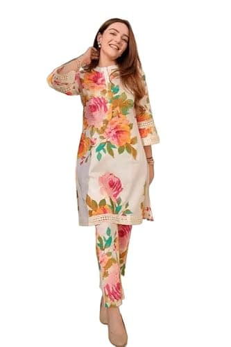 FASHION FRONTIER Women Bollywood Kurta Cord Set Indian Pakistani Top Tunic Kurti Party Wear Dress -Cream, M