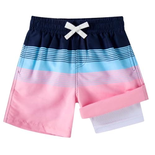 Belovecol Swim Trunks for Boys Size 10-12 Stripe Bathing Suit with Elastic Waistband 80s Retro 2-in-1 Beach Party Swimwear