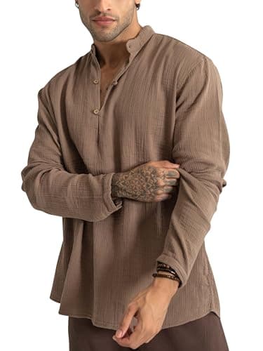 The Veshti Company Cabana Crinkle Kurta Shirt for Men | 100% Cotton Relaxed Fit Lightweight Henley Shirt | Casual & Festive Wear-Walnut- L