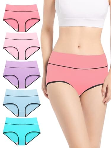 CleainKorte Women's High Waisted Cotton Underwear Full Coverage Soft Breathable Stretch Briefs 5 Pack (Regular & Plus Size)