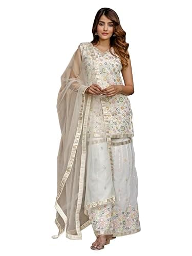 TRENDMALLS Women's Georgette Embroidery work Kurta Sharara Set with Dupatta Kurta Set for Women (G302-OffWhite-M)