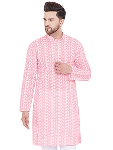 VASTRAMAY Mens Cotton Pink and White Kurta - Elegance for Festivals & Events_VASMK094PN_38