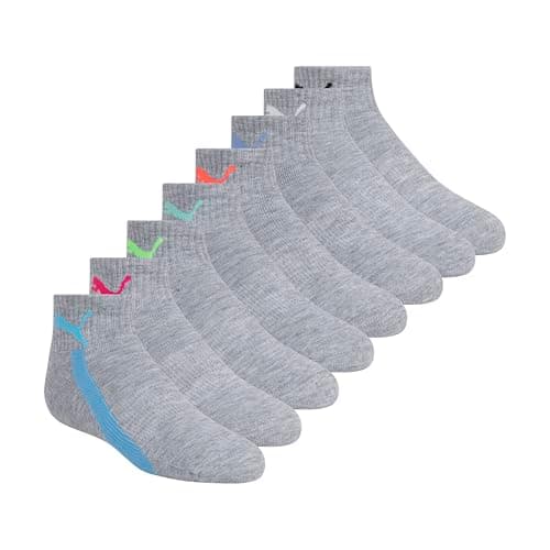 PUMA 8 Pack Girls' Quarter Crew Socks, Grey/Multi, 7-8.5