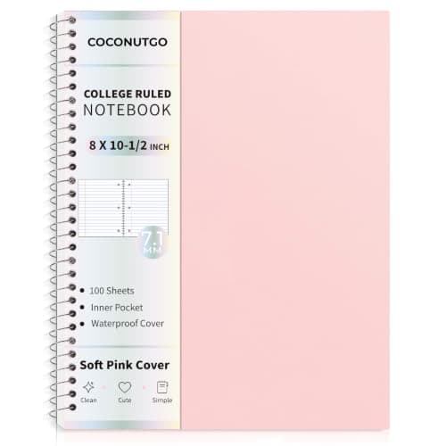 CoconutGo Pastel Pink Spiral Notebook, 1 Subject College Ruled, 10.5 x 8 in, 100 Sheets, 3-Hole Punched Perforated Pages, Flexible Plastic Cover, Double Pocket Folder for School Notes