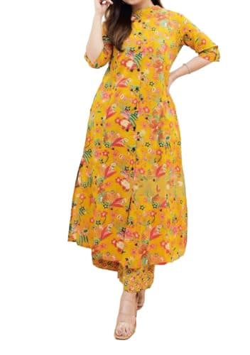 ladyline Women's Rayon 2-Piece Kurta and Pants Set – Front Slit Printed Co-Ord Set (RPKP SCSH850) (38/ Yellow)