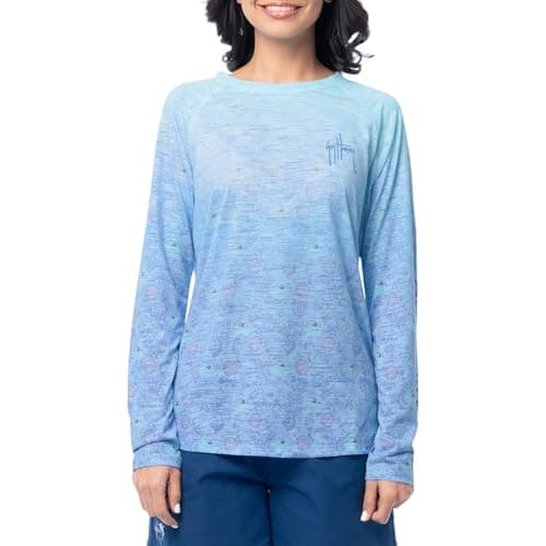 Guy Harvey Women's Long Sleeve Slub Raglan Tee, Iced Aqua/Watercolor Shells, X-Large