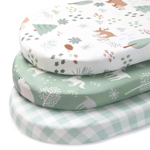 FIEMOL Baby Bassinet Sheets Boy, 3 Pack Fitted Bassinet Mattress Sheets, Compatible with Halo Bassinest Swivel Sleeper&Oval Hourglass Rectangle Mattress,Ultra Soft Green Forest Bear