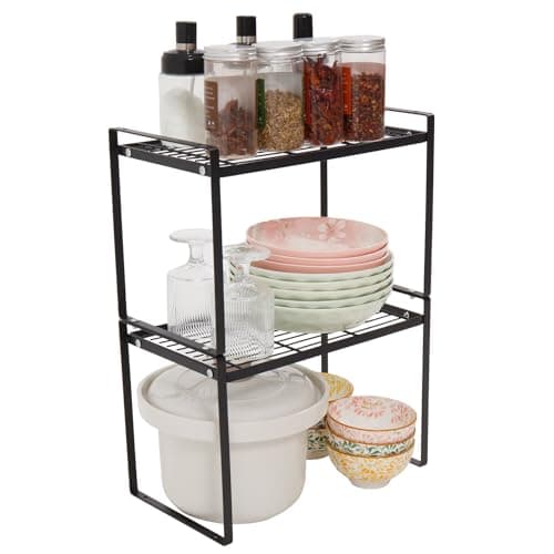 MiaLi Cabinet Organizer Shelf, Set of 2 Metal Counter Shelves Spice Rack, Stackable Kitchen Bathroom Organizers and Storage, Black