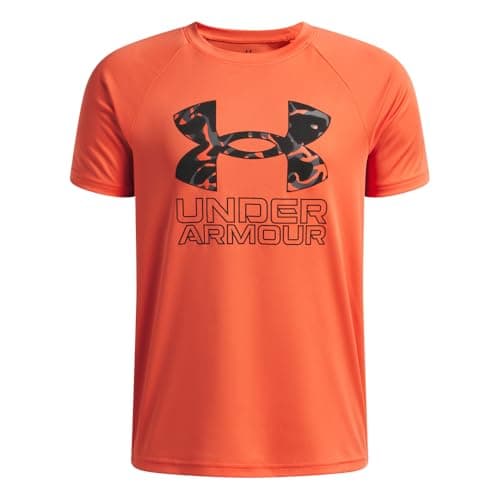 Under Armour Boys' Tech Hybrid Print Short Sleeve T Shirt, (690) Venom Red / / Black, Large