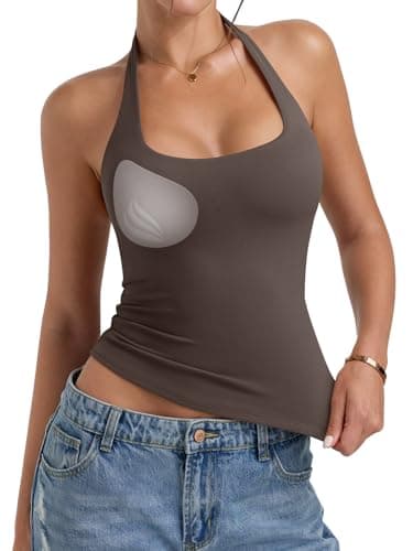 PINKMSTYLE Halter Tops for Women Tank Top with Built in Bra Double Lined Sleeveless Backless Date Night Club Tops Coffee Medium
