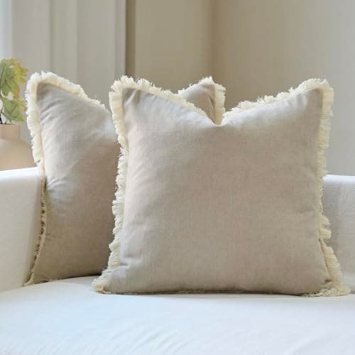 Amor Virisso Fringe Throw Pillow Covers 18x18 Set of 2 Boho Neutral Farmhouse Decorative Pillow Covers with Tassels for Couch Sofa Bed, Neutral