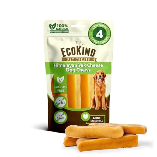 EcoKind Yak Cheese Himalayan Dog Chews, Yak Chews for Large Dogs, Long Lasting Bone for Aggressive Chewers, 3 Ingredient Natural High Protein Dog Treat, No Additives or Lactose, Large - 4 Chews (1 lb)