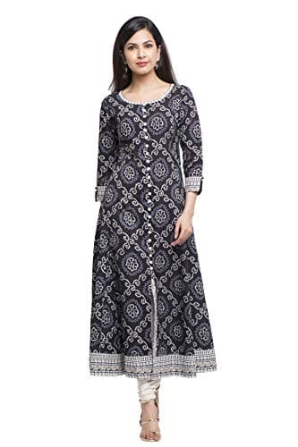 Yash Gallery Women's Cotton Bandhej Print Anarkali Kurta (Black)