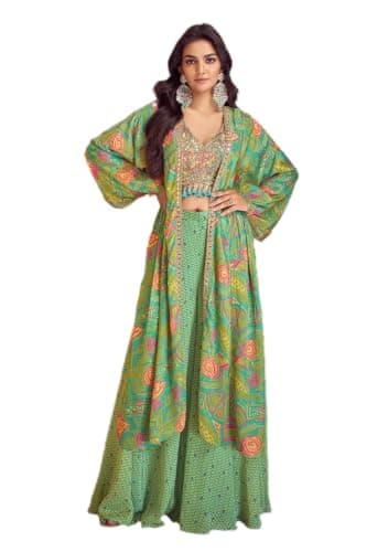 Indya green Zari Work Silk Blended Indo Western Set | Perfect for Festive & Mehendi | Full Sleeve | Salwar Kameez | Kurta Set
