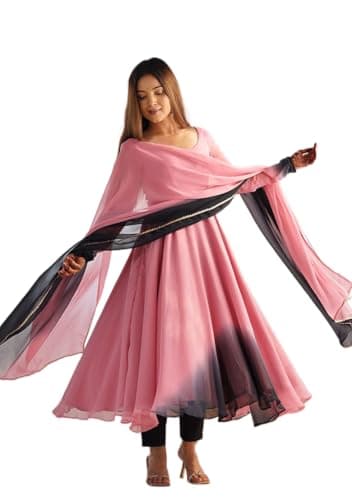 Indya Pink Solid Georgette Anarkali With Dupatta for Festive | Sleeveless | Scoop Neck | Salwar Kameez | Kurta Set