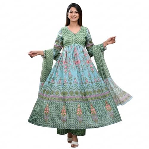 TAGAAI Women’s Cotton Floral Print Anarkali Kurta Set with Pant & Dupatta – Indian Ethnic 3-Piece Outfit | Traditional Handblock Style Printed Kurti Set-XL